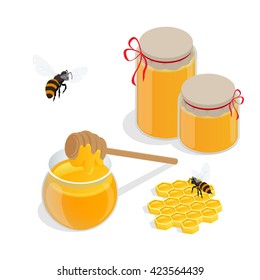 Organic Raw Honey Banner Concept. Banks Of Honey, Bees,  Honeycomb On White. Flat 3d Vector Isometric Illustration