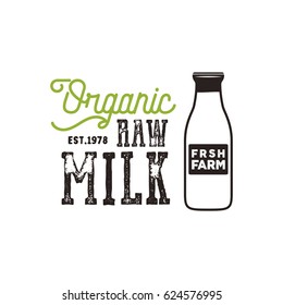 Organic raw milk poster. Farm fresh products banner template with bottle of milk and typography elements. Vector roughen style isolated on white background.