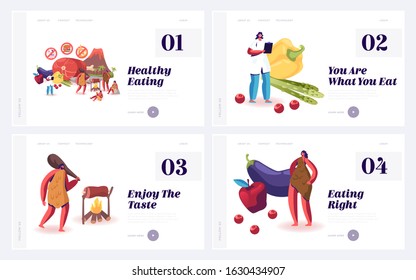 Organic Raw Nutrition Paleo Diet as Caveman Lifestyle Website Landing Page Set. Low Carbs, High Fat and Protein Food, Dietary Science, Stone Ages meal Web Page Banner. Cartoon Flat Vector Illustration