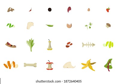 Conjunto de iconos de compost de reciclaje orgánico. Ilustración vectorial de los desechos alimenticios.