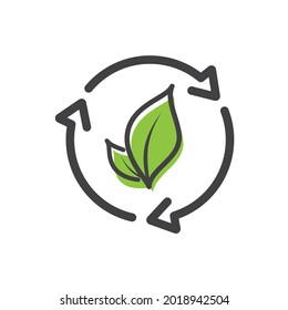 Organic recycle icon, Two green leaves with three arrows, reusable environmental.