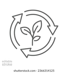 Organic recycle, reusable environmental icon. Eco green life style with leaf symbol and circular arrow. save environment. Editable stroke vector illustration. Design on white background. EPS 10