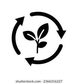 Organic recycle, reusable environmental icon. Eco green life style with leaf symbol and circular arrow. save environment. Solid style, Glyph vector illustration. Design on white background. EPS 10