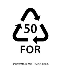 organic recycling code FOR 50, wood symbol, ecology recycling sign, identification code, furniture, chopping boards, brooms, pencils, cocktail sticks, wooden spoons material, black fill vector icon