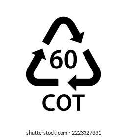 organic recycling code COT 60, cotton symbol, ecology recycling sign, identification code, towels, t-shirts, cotton buds, swabs, cotton pads material, black fill vector icon