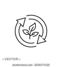 organic recycling icon, environmental care, ecology friendly reuse concept, thin line symbol isolated on white background, editable stroke eps 10 vector illustration