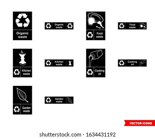 Organic recycling signs icon set of black and white types. Isolated vector sign symbols. Icon pack.