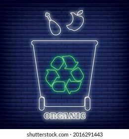 Organic recycling waste sorting container icon glow neon style, environmental protection label flat vector illustration, isolated on black. Trash can with green eco symbol.