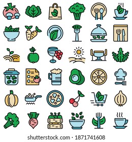 Organic restaurant icons set. Outline set of organic restaurant vector icons thin line color flat on white