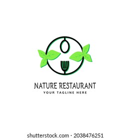 organic restaurant logo design, fork symbol, spoon, natural fresh green leaf