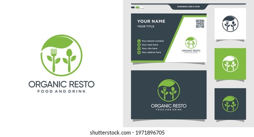 Organic resto logo for restaurant with leaf style and business card design Premium Vector