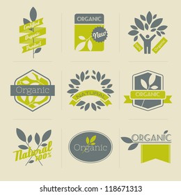 Organic retro labels, badges and other design elements with leaves. Vector illustration.