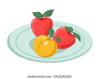 Organic and ripe apples and apricot. Isolated fruits with leaves on plate. Tasty and nutritious snack or meal for dieting and nourishment. Nutrition and healthy lifestyle. Vector in flat style