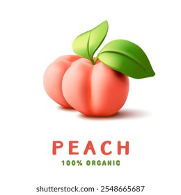 Organic ripe peaches with leaves, 3D. For advertising seasonal farm fruits, jam, packaging, and banners. Vector illustration