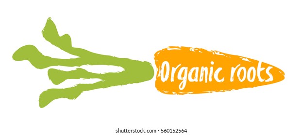 Organic roots label with carrot silhouette hand drawn isolated vector illustration. Natural farming symbol. Organic roots, eco product hand sketch badge, icon. Local farm, organic garden logo.