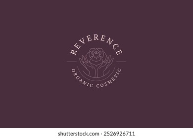 Orgânico flor de rosa bud em mãos femininas círculo linha arte logotipo modelo para ilustração de vetor salão de beleza. Logotipo linear da botânica floral natural para a marca da coiffure cosmética dos cuidados da pele