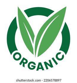 Organic Round Icon with Green Leaves isolated on a White Background