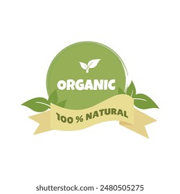 Organic round label with ribbon, logo. Organic, natural product concept.
