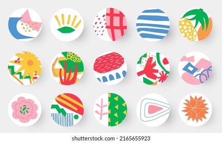 Organic round media covers. Abstract circle social stories with nature floristic shapes and messy blob brush scribbles. Vector minimalistic highlight elements set. Geometric colorful figures