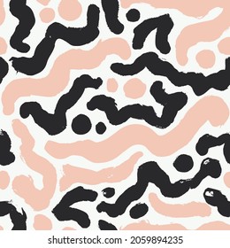 Organic rounded maze lines seamless pattern. Abstract vector background in biological style. Stylish structure of natural cells with wavy lines and dots. Hand drawn biological chaotic shapes. 