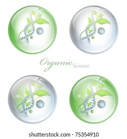 Organic Science glossy balls with DNA and green leaves over white background