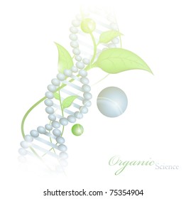 Organic Science theme with DNA and green leaves over white background