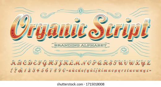Organic Script Font Alphabet; an ornate but rustic bold cursive lettering style. Warm earthy colors give this a natural and down-home feel. Good for food or natural product branding.