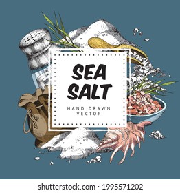 Organic sea salt background with square frame or label for text on blue backdrop, hand drawn engraving style colored vector illustration isolated on background.
