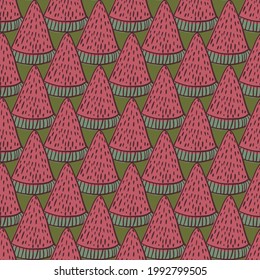 Organic seamless doodle pattern with watermelon berries shapes. Green background. Doodle style. Graphic design for wrapping paper and fabric textures. Vector Illustration.
