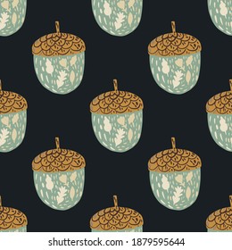 Organic seamless nature pattern with pale blue and brown acorn elements. Black background. Stock illustration. Vector design for textile, fabric, gift wrap, wallpapers.