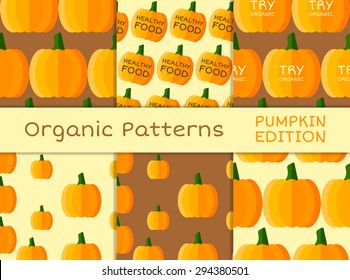 Organic seamless pattern collection. Fresh vegetables from the farmer. Bio and eco theme. Pumpkin. Vector illustration
