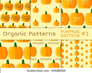Organic seamless pattern collection. Fresh vegetables from the farmer. Bio and eco theme. Healthy food. Pumpkin. halloween. Vector illustration
