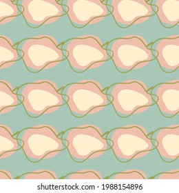 Organic seamless pattern with doodle pink abstract apple shapes. Blue background. Vitamin fruit backdrop. Perfect for fabric design, textile print, wrapping, cover. Vector illustration.