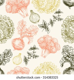 Organic seamless pattern. Fresh vegetables. Vector illustration