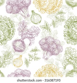 Organic seamless pattern. Fresh vegetables. Vector illustration