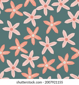 Organisches nahtloses Muster mit rosafarbenen Blumen Mandarin-Elementen. Navy-blauer Hintergrund. Perfekt für Stoffdesign, Stoffdruck, Umhüllung, Cover. Vektorgrafik.