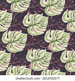 Organic seamless pattern with purple and green colored monstera leaves shapes. Tropical palm foliage print. Designed for fabric design, textile print, wrapping, cover. Vector illustration.