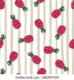 Organic seamless pattern with random dragon fruit ornament in pink color. Light striped background. Designed for fabric design, textile print, wrapping, cover. Vector illustration.