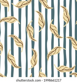 Organic seamless pattern with random leaves tangerine ornament. Blue and white striped background. Designed for fabric design, textile print, wrapping, cover. Vector illustration.