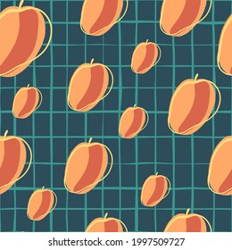 Organic seamless pattern with random orange peach elements. Blue chequered background. Simple style. Designed for fabric design, textile print, wrapping, cover. Vector illustration.