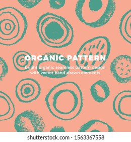 Organic seamless pattern vector background. Hand drawn natural elements with bright organic texture. Eco friendly design, label cosmetics, healthy food, mental health concept. Organic branding design.