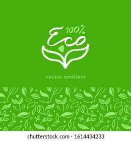 Organic seamless pattern vector background. Hand drawn natural elements with organic texture.  Eco friendly design, vector vegan icons, raw logo, eco farming banner template, healthy food emblem.