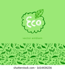 Organic seamless pattern vector background. Hand drawn natural elements with organic texture.  Eco friendly design, vector vegan icons, raw logo, eco farming banner template, healthy food emblem.