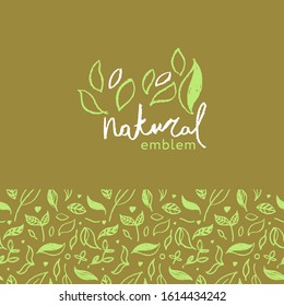 Organic seamless pattern vector background. Hand drawn natural elements with organic texture.  Eco friendly design, vector vegan icons, raw logo, eco farming banner template, healthy food emblem.