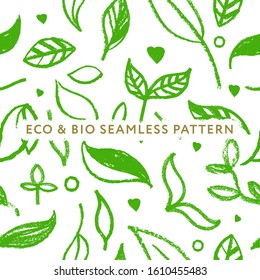 Organic seamless pattern and vegetarian background with leaves. Modern ornament. Green packaging design template with raw textures. Label tag design, vegan food, natural eco cosmetics, bio concept.