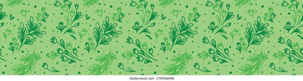 Organic seamless pattern and vegetarian background with leaves. Modern ornament. Green packaging design template with raw textures. Label tag design, vegan food, natural eco cosmetics, bio concept.