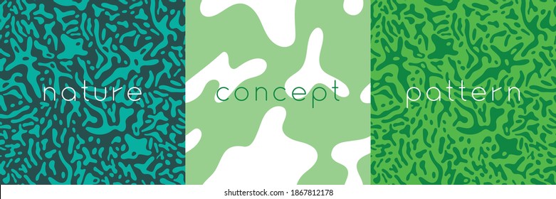 Patrón orgánico sin costuras y fondo vegetariano con formas líquidas. Ornamento moderno. Plantilla de diseño de empaque verde. Diseño de etiquetas, comida vegana, ecocosmética natural, concepto bio, concepto de naturaleza