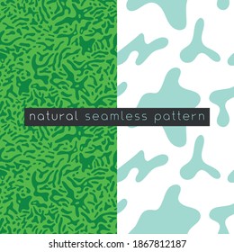 Organisches nahtloses Muster und vegetarischer Hintergrund mit flüssigen Formen. Modernes Ornament. Design-Vorlage für grüne Verpackungen. Design der Etiketten, veganische Lebensmittel, natürliche Öko-Kosmetik, Biokonzept, Naturkonzept