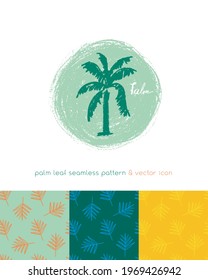 Organic seamless pattern. Vegetarian background with hand-drawn palm leaves. Floral ornament. Green leaf pattern. Charcoal texture. Label tag design, vegan food logo, natural eco cosmetics, bio icon.