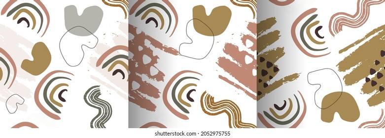 Organic seamless patterns. Set of botanic and abstract seamless pattern with flowers and leaves, brush hand drawn background. Collection organic boho pattern